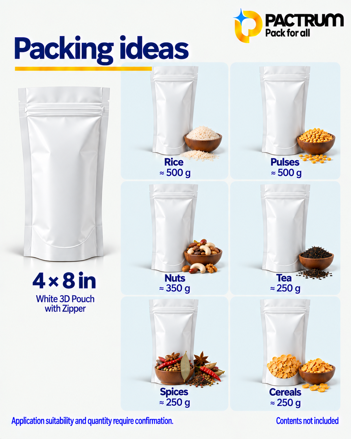 4 × 8 in White Flat Bottom Zipper Pouch size and fill guide