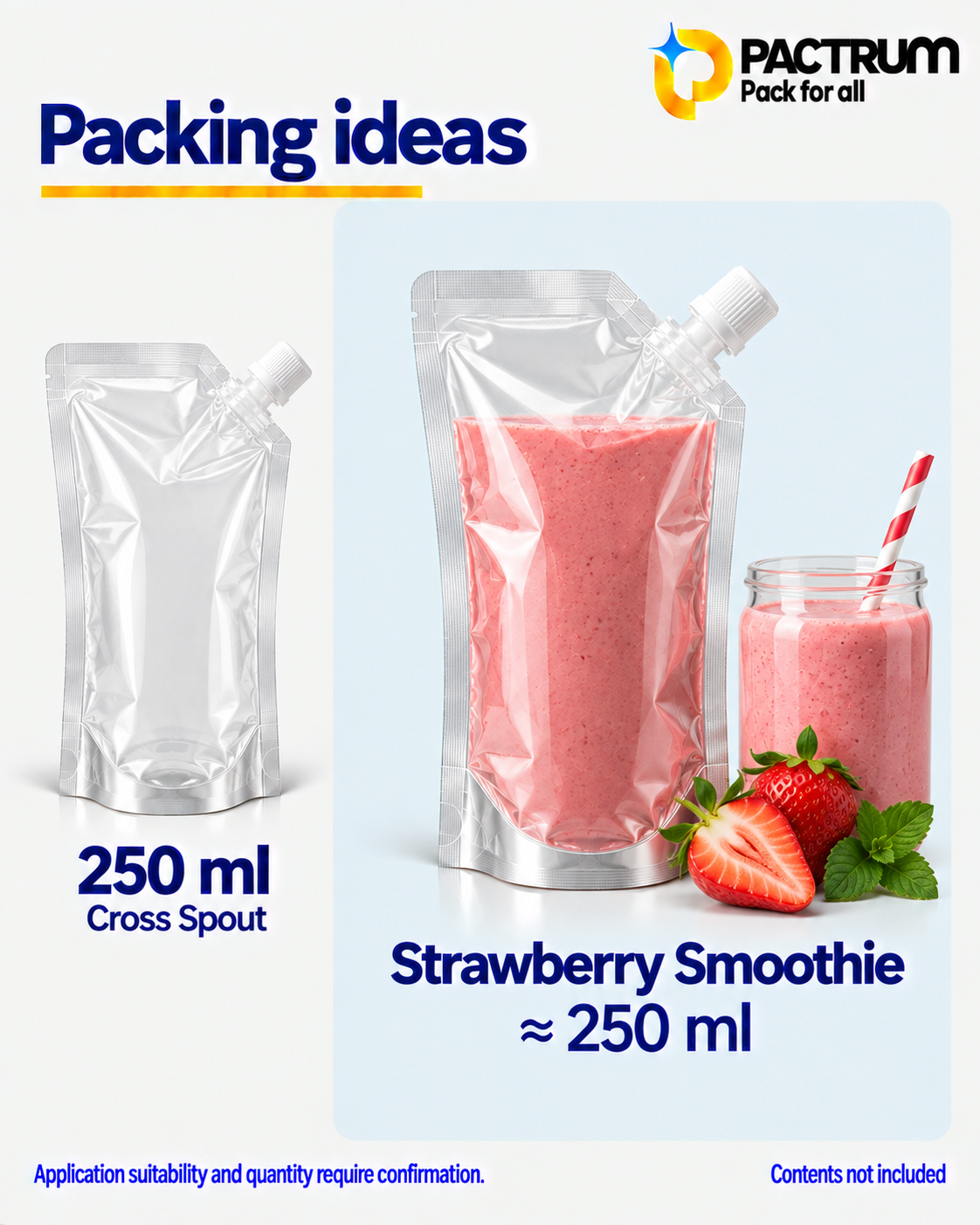 250 ml Transparent Corner Spout Spout Pouch size and fill guide
