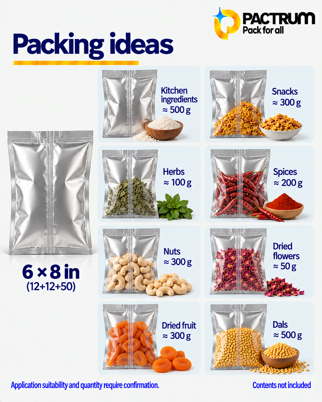 6 × 8 in Metallised Center Seal Pouch size and fill guide