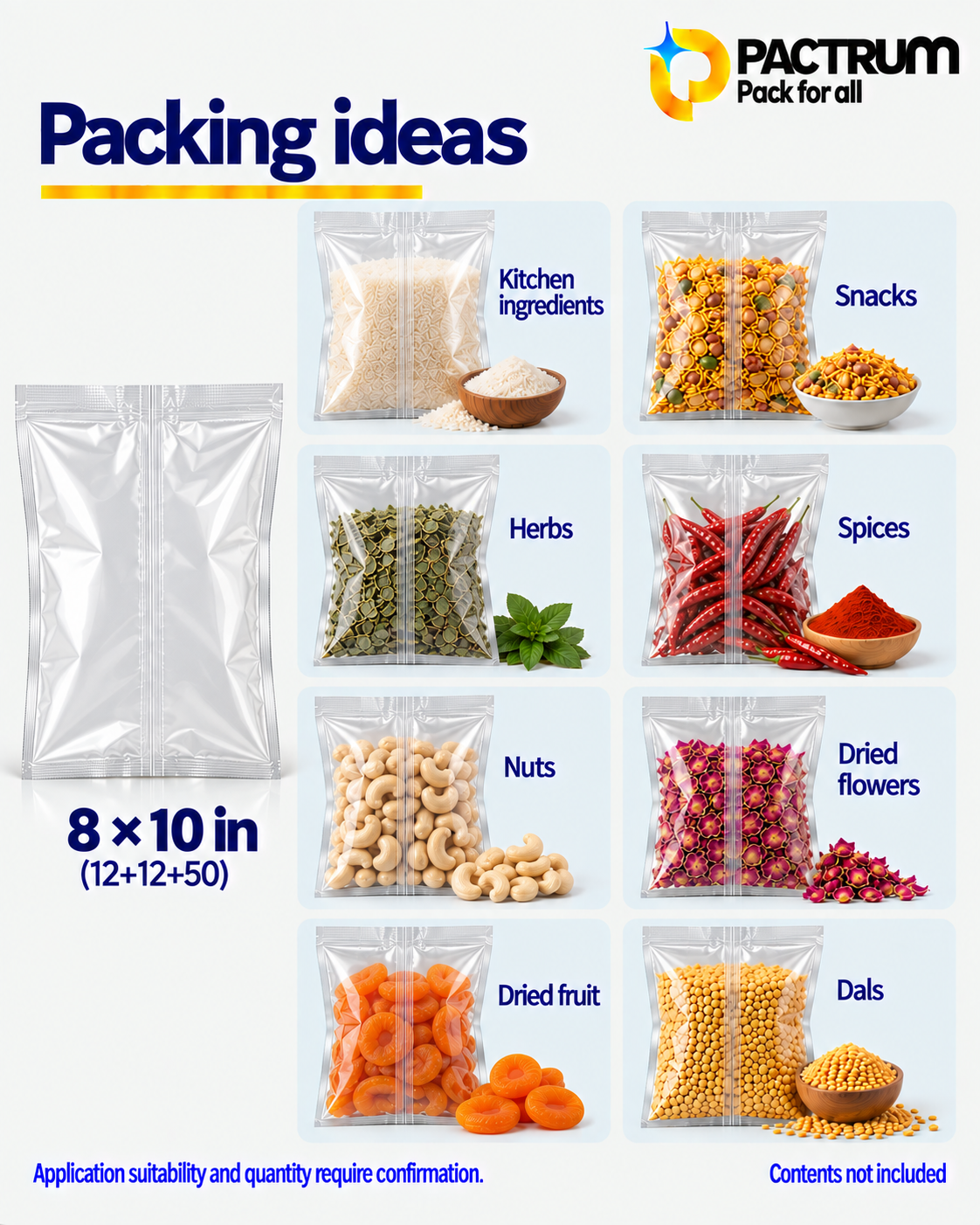 8 × 10 in Transparent Center Seal Pouch size and fill guide