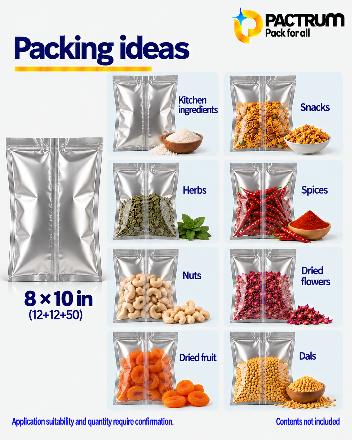 8 × 10 in Metallised Center Seal Pouch size and fill guide