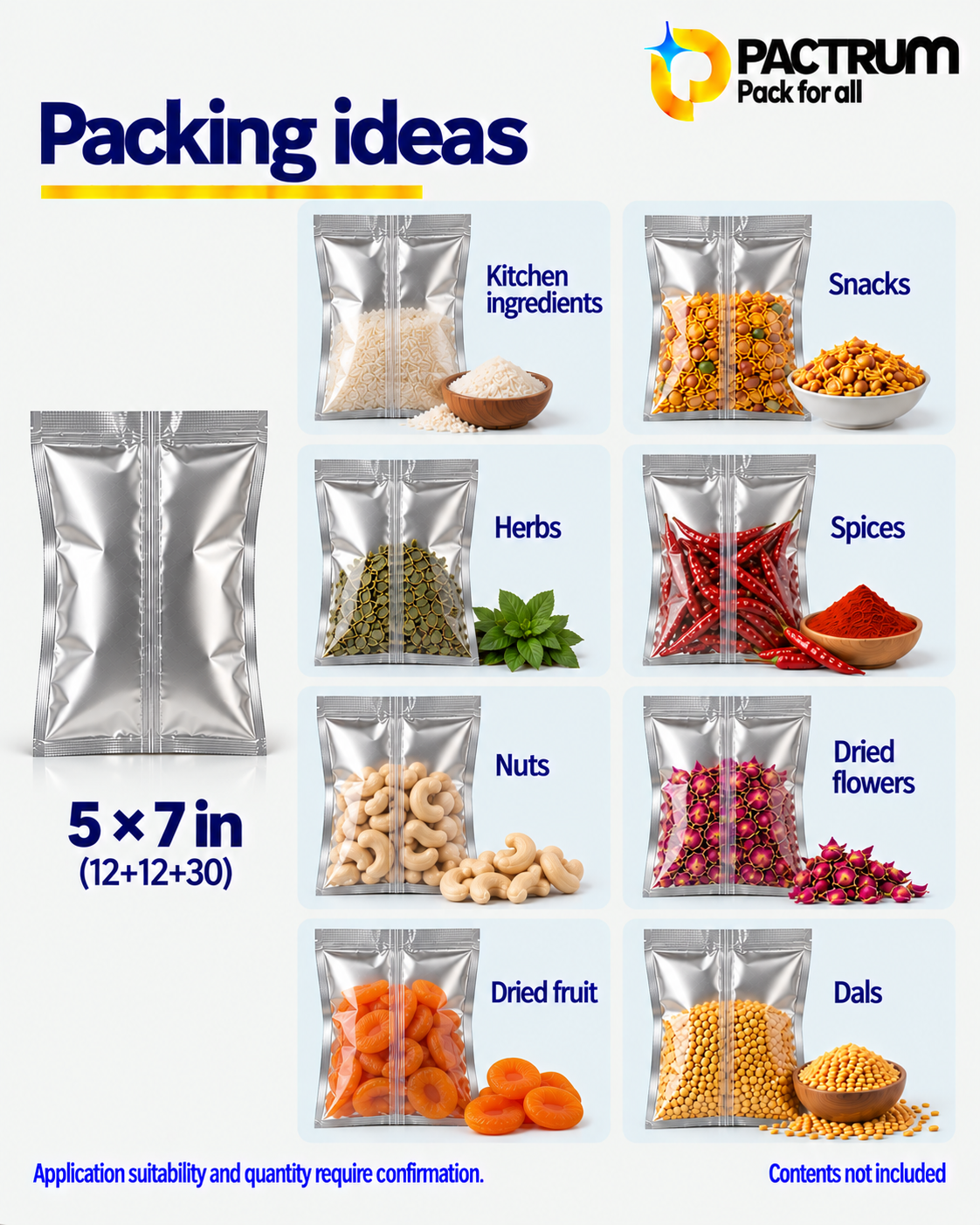 5 × 7 in Metallised Center Seal Pouch size and fill guide