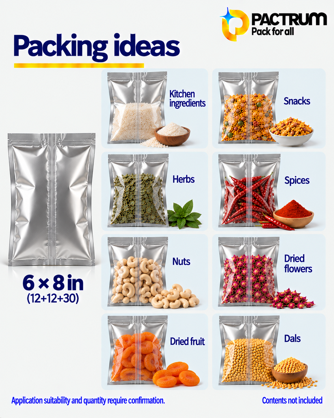 6 × 8 in Metallised Center Seal Pouch size and fill guide