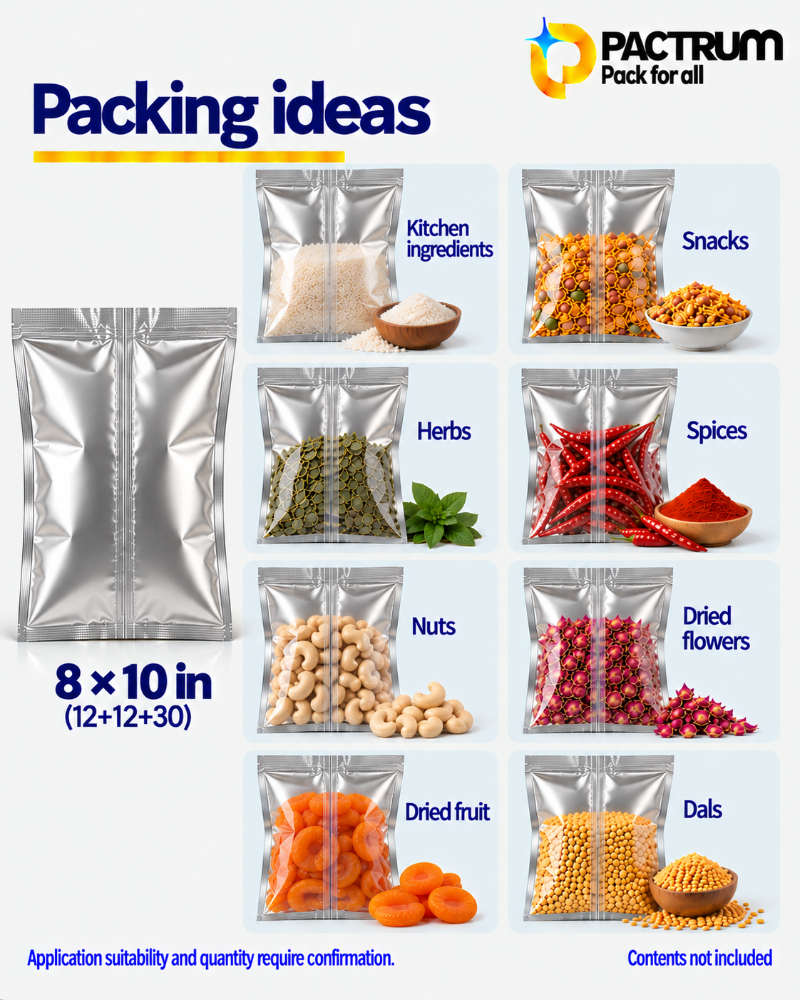 8 × 10 in Metallised Center Seal Pouch size and fill guide